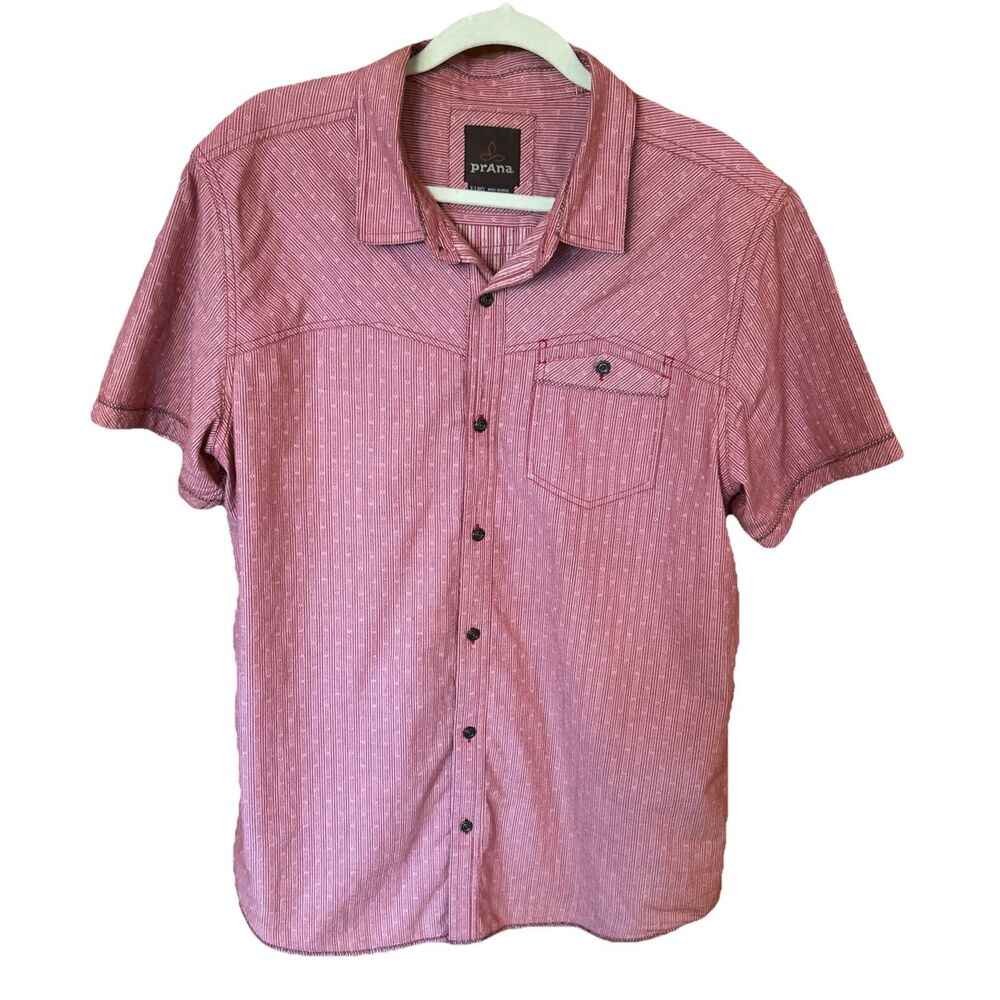 Prana Men's XL Organic Cotton Shirt Red Stripe Outdoors Gorpcore Button Up Camp